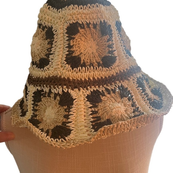 Crocheted Straw Hat 1970s floppy flower child Boho Hippie - Picture 1 of 5